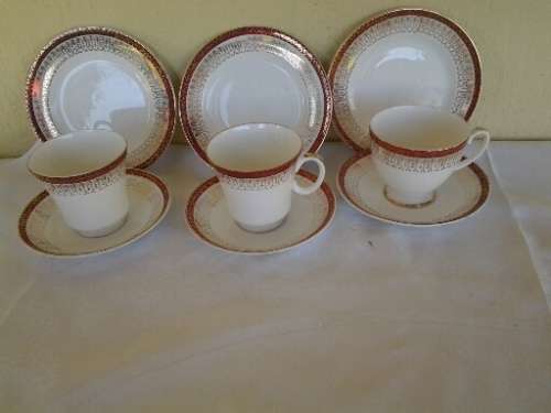 three vintage red and white royal grafton porcelain tea cups trios