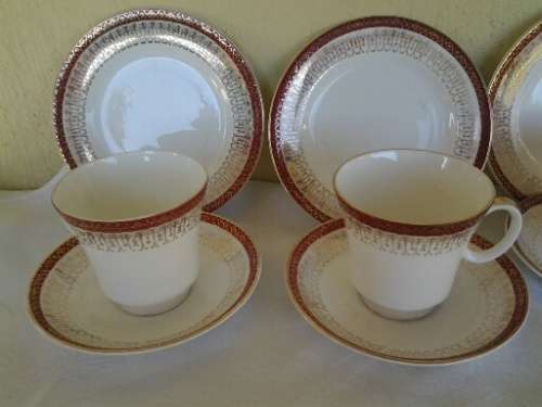 three vintage red and white royal grafton porcelain tea cups trios