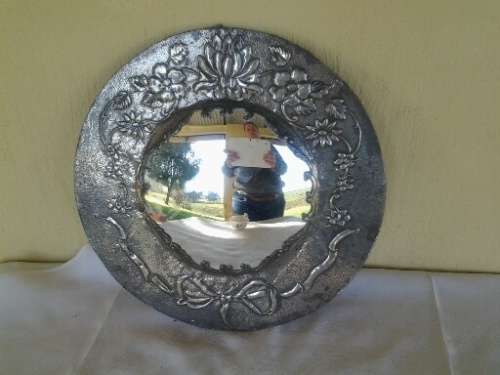 Stunning vintage round pewter convex glass wall mirror