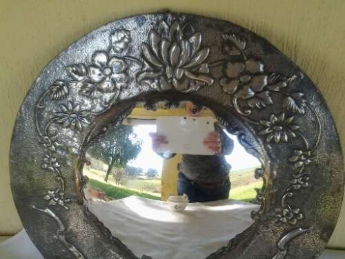 Stunning vintage round pewter convex glass wall mirror