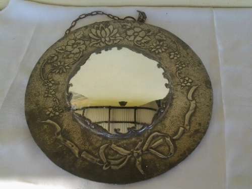 Stunning vintage round pewter convex glass wall mirror