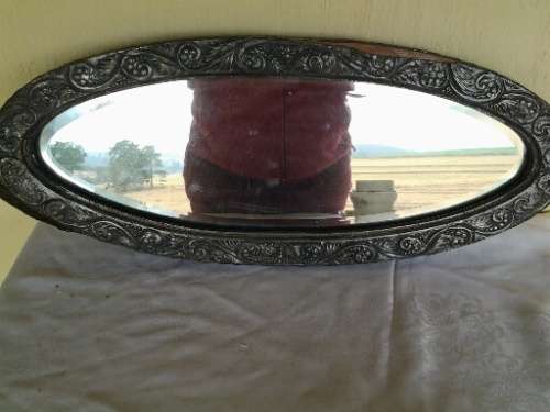 stunning vintage oval wooden and pewter over lay wall mirror