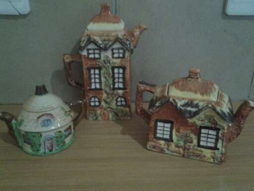 three assorted nice vintage cottage scene tea pot/ coffee pot and small display pot