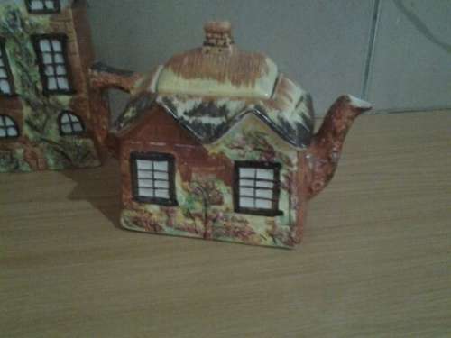 three assorted nice vintage cottage scene tea pot/ coffee pot and small display pot