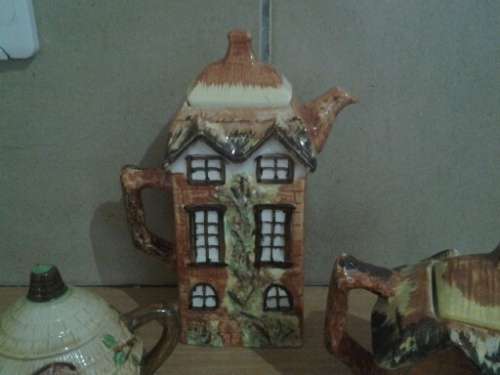 three assorted nice vintage cottage scene tea pot/ coffee pot and small display pot