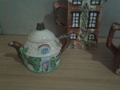 three assorted nice vintage cottage scene tea pot/ coffee pot and small display pot