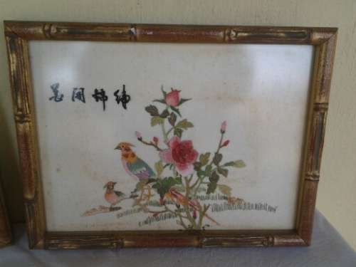 two nice framed oriental pheasant scene tapestry's