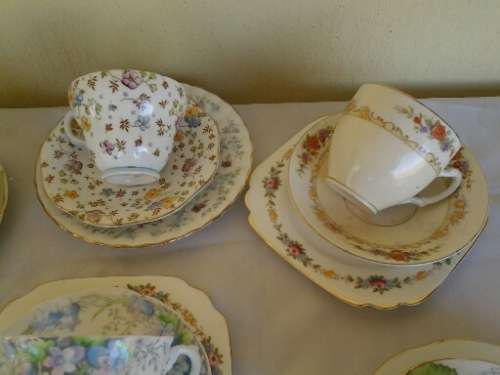 set of six pretty mix and match porcelain tea cup trios