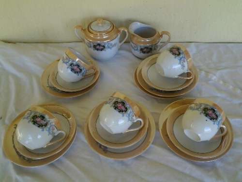 vintage part luster style procelain set of five trios and milk and sugar bowl