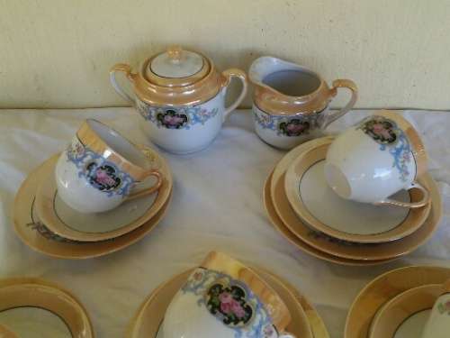 vintage part luster style procelain set of five trios and milk and sugar bowl