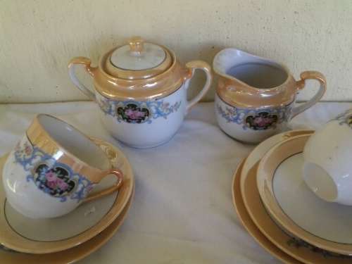 vintage part luster style procelain set of five trios and milk and sugar bowl