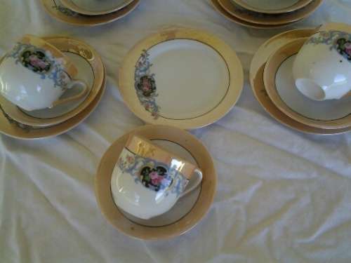 vintage part luster style procelain set of five trios and milk and sugar bowl