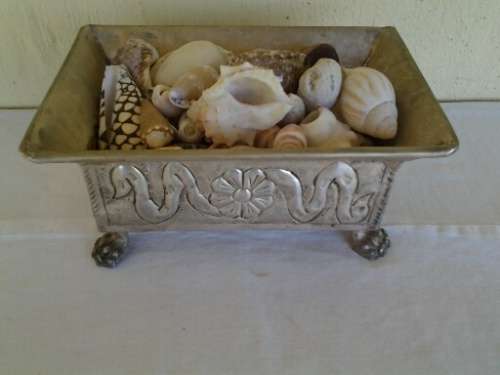 stunning sliver plated little floral pattern dish filled with sea shells