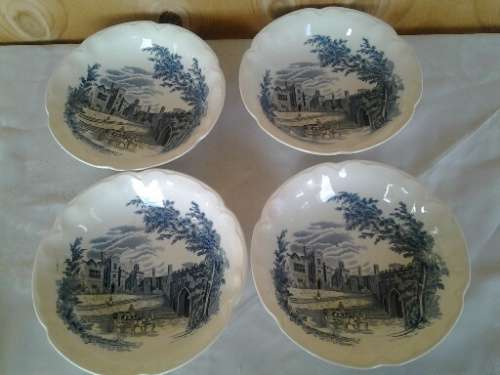 A set of four vintage blue and white  Johnson brothers Haddon hall soup bowls