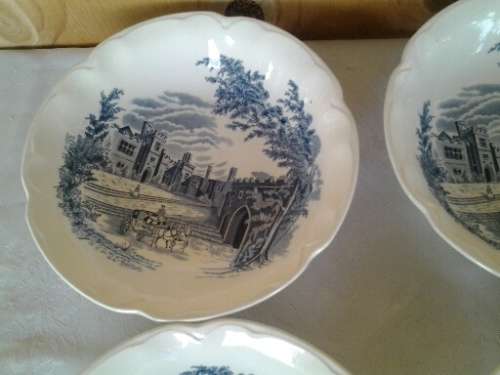 A set of four vintage blue and white  Johnson brothers Haddon hall soup bowls