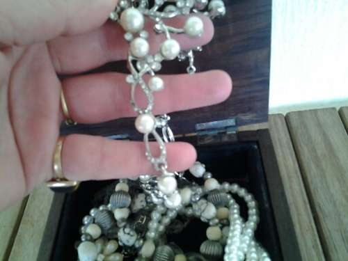 Nice ladies wooden trinket box filled with some pretty costume jewelry