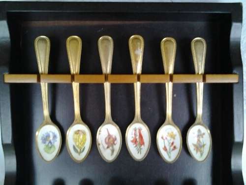 wooden spoon tray with set of 12 gold plated enameled tea spoons