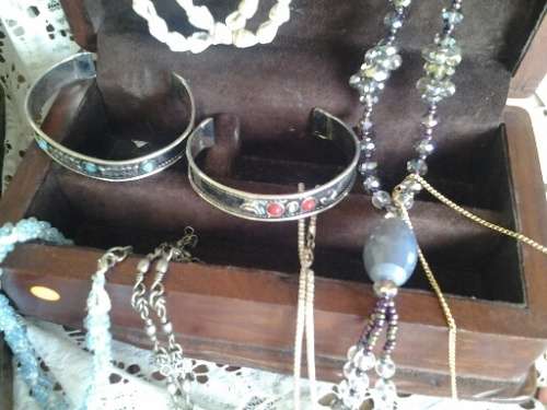 two wooden vintage storage trinket boxes filled with ladies costume jewelry