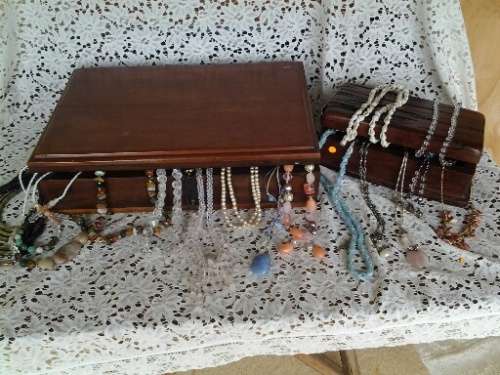 two wooden vintage storage trinket boxes filled with ladies costume jewelry