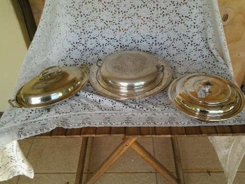 three assorted vintage sliver plated veggie dishes holders with lids