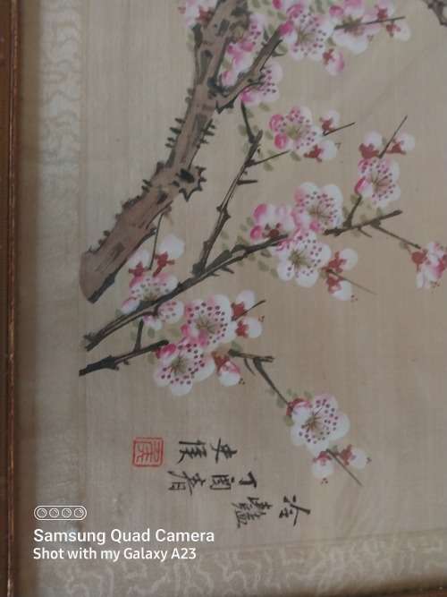 Framed stunning singhed Chinese bird on slik