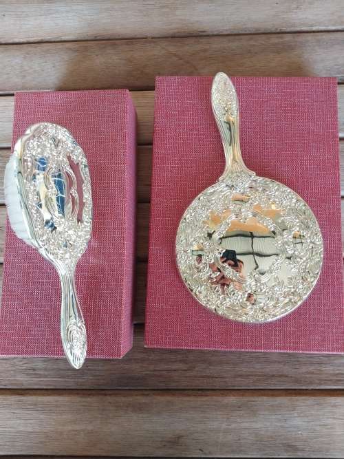 Sliver plated baby brush and mirror combo