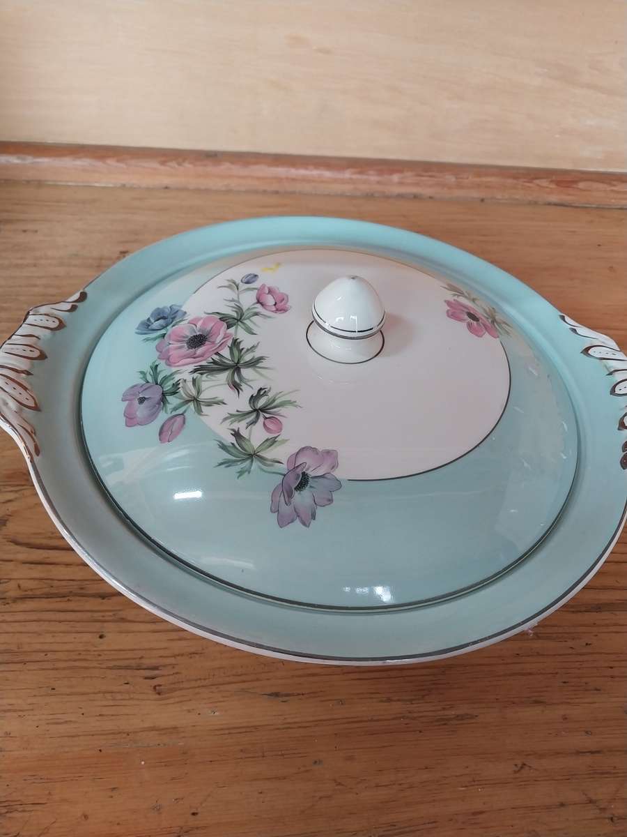 Pastel green blue veggie dish and lid