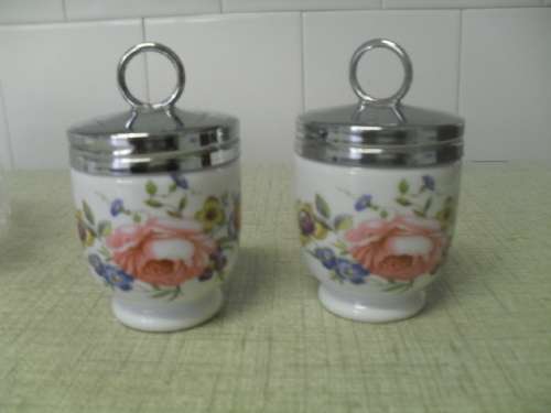 (sept8)  A PAIR OF VINTAGE FLORAL ROYAL WORCESTER PORCELAIN EGG CODDLERS - made in England