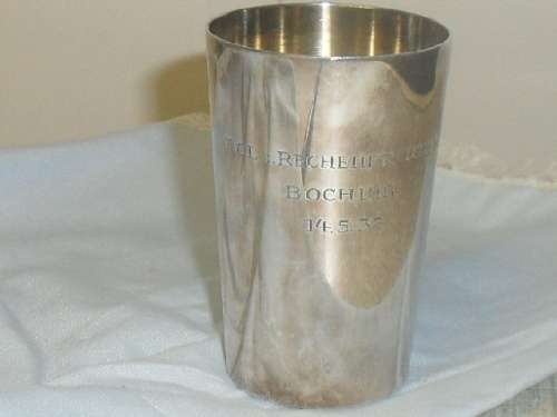 ***VINTAGE 835 SILVER WTB -72351(moon&crown)GERMAN SHOT GLASS/ BEAKER -inscribed1937