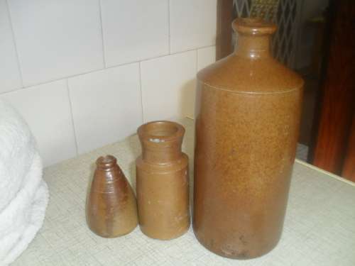 (fm) 3x VINTAGE STONEWARE BOTTLE -smallest - ink bottle-TALLEST 25cmTALL BASE 10cm