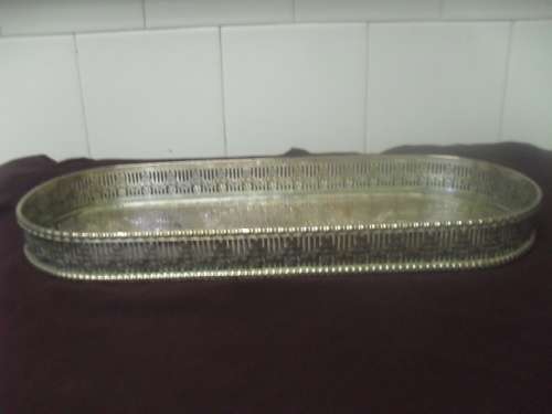 (je)  A VINTAGE OVAL GALLERY EP on COPPER  DRINKS TRAY - with  PIERCED SIDES - 34 x 13 x 3cm