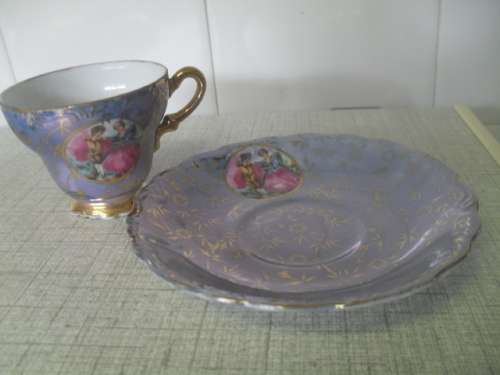 (or)  GORGEOUS VERSAILLES ROMANTIC SCENE CUP AND SAUCER DUO. - saucer 12cm arcoss cup 5.5cm tall