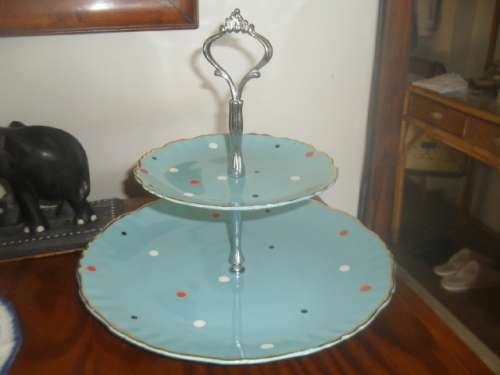 VINTAGE OLD FOLEY JAMES KENT STAFFORDSHIRE TWO TIER CAKE STAND 5443. -large plate 28cm wide