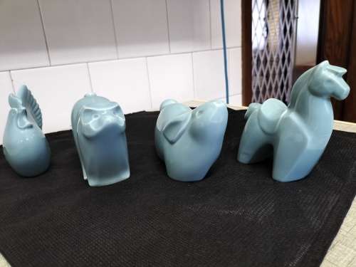 *#. 4x JADE COLOURED CERAMIC, CHICKEN,RABBIT, RAM & HORSE marked TZ
