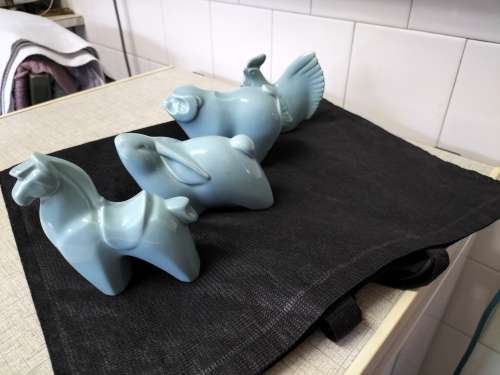 *#. 4x JADE COLOURED CERAMIC, CHICKEN,RABBIT, RAM & HORSE marked TZ