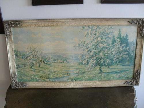 PRINT OF UNKOWN LOCATION FRAME IS WOOD WITH THIN VENEER AND MOLDINGS. LOVELY