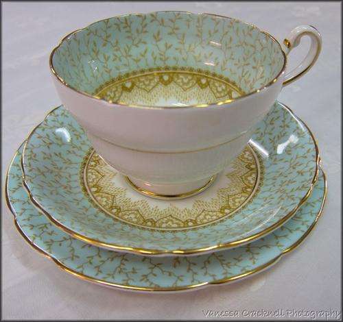 PARAGON TRIO - PALE AQUA BLUE WITH GILT & ROSE PATTERN - THREE AVALIABLE -EXCELLENT CONDITION