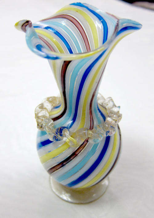 EDWARDIAN RIBBON GLASS  BUD VASE - BLUE & YELLOW - GOLD DUST TO NECK AND BASE - EXCELLENT CONDITION