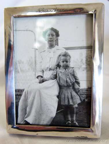 ANTIQUE STERLING SILVER PHOTO FRAME WITH ORIGINAL SEPIA PHOTO - ENGRAVED PAULINE - STAMPED STERLING