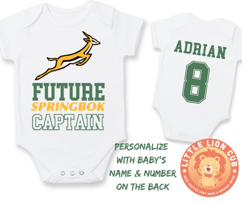 PERSONALISED SPRINGBOK RUGBY Baby Grow with NAME & NUMBER/Future Springbok Captain / baby shower