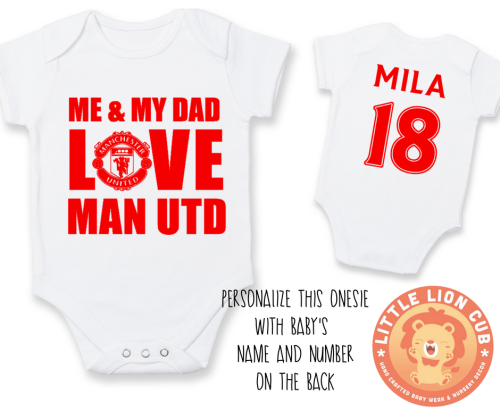PERSONALISED MANCHESTER UNITED Baby Grow with NAME & NUMBER/Me & My Dad LOVE Man Utd baby grow