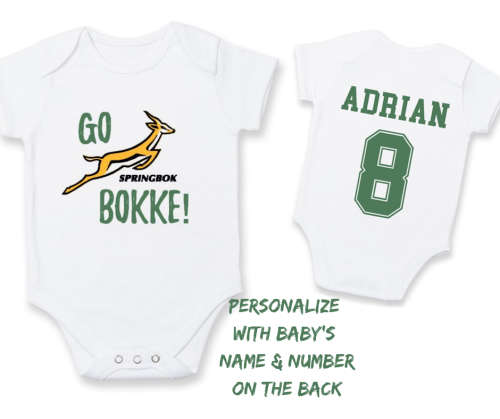 PERSONALISED SPRINGBOK RUGBY Baby Grow with NAME & NUMBER/GO BOKKE! / baby shower