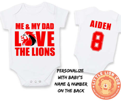 PERSONALISED LIONS RUGBY Baby Grow with NAME & NUMBER/Me & My Dad Love the LIONS