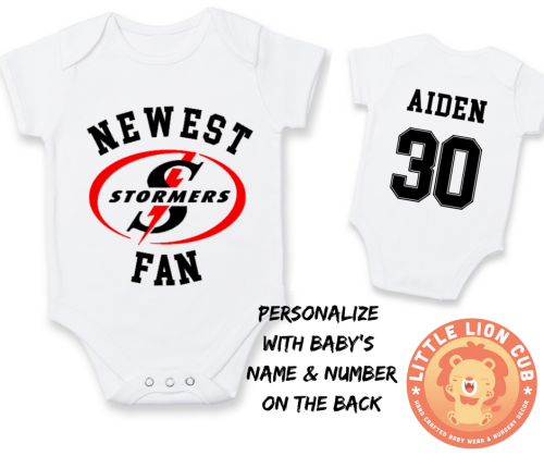 PERSONALISED STORMERS RUGBY Baby Grow with NAME & NUMBER/Newest STORMERS fan baby grow / WP Rugby