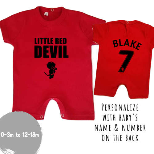 PERSONALISED MANCHESTER UNITED Baby Romper with NAME & NUMBER/ Little Red Devil MUFC Baby outfit
