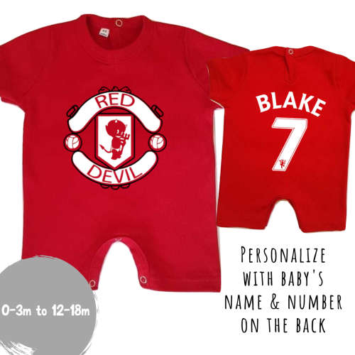 PERSONALISED MANCHESTER UNITED Baby Romper with NAME and NUMBER/ Little Red Devil MUFC Baby outfit