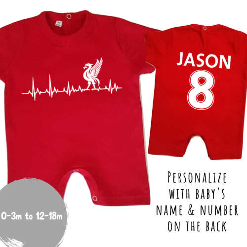 PERSONALISED LIVERPOOL FC Baby Romper with NAME and NUMBER/Liverpool Heartbeat / LFC Baby Romper