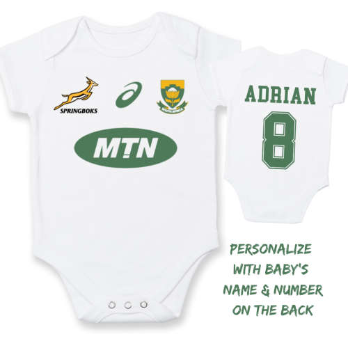 PERSONALISED SPRINGBOK RUGBY Baby Grow with NAME and NUMBER/Go Bokke!/ baby shower