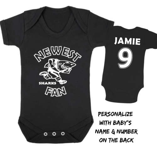 PERSONALISED SHARKS RUGBY Baby Grow with NAME and NUMBER/Sharks newest fan Onesie / Grower/ Bodyvest