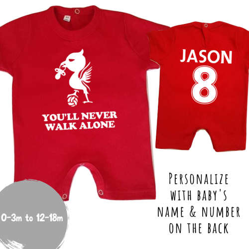 PERSONALISED LIVERPOOL FC Baby Romper with NAME and NUMBER/You`ll never walk alone/ Baby LFC Baby